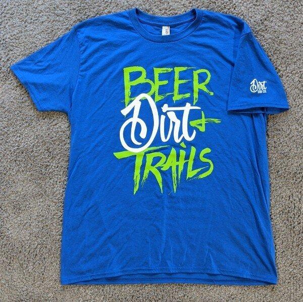 product shot of front of Beer, Dirt, and Trails dirt run co Tee