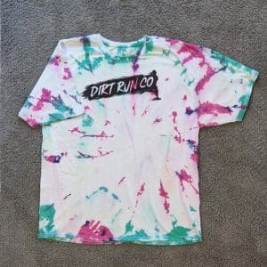 product shot of front of Tie-dyed Dirt Run Co T-shirt